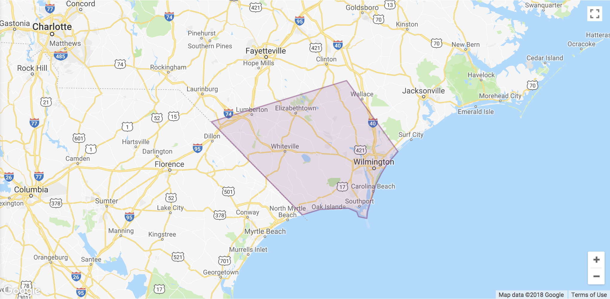 Lyft Wilmington Area Coverage map